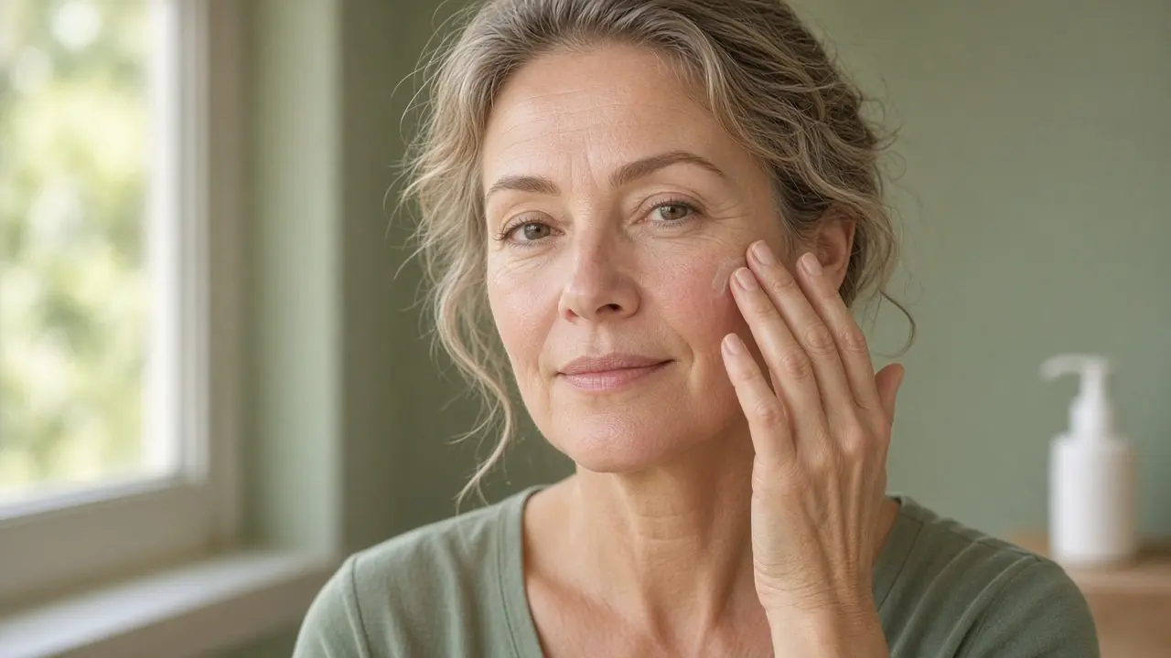 Woman in her late 40s with mild redness on her cheeks and nose gently pressing vitamin c serum for rosacea into her cheek by a sunny window