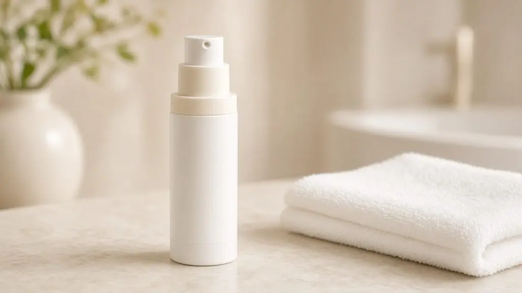 Vitamin C serum for sensitive skin in a white airless pump bottle on a soft cream spa vanity in calm morning light