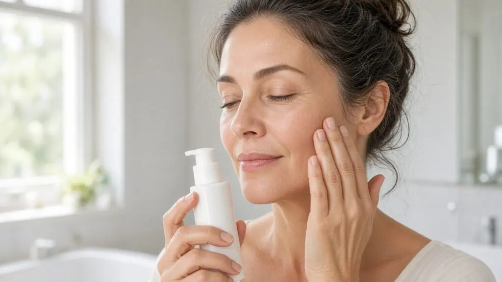 Woman in her 50s gently applying vitamin C serum for sensitive skin from an airless pump bottle in a serene bathroom.