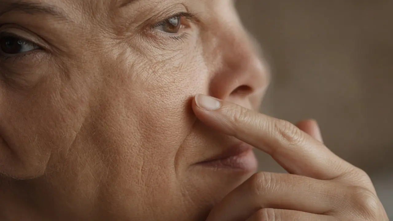 Vitamin C Serum for Textured Skin: 7 Simple Tips to Glow Close-up of a woman in her 50s touching her cheek, showing fine lines and pores, a common reason to try vitamin c serum for textured skin