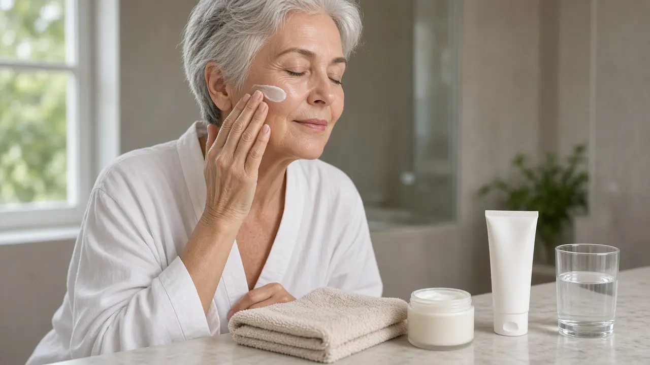 Vitamin C Serum for Textured Skin: 7 Simple Tips to Glow Woman in her 60s smoothing moisturizer over her cheek after vitamin c serum for textured skin, with a towel, cream and sunscreen on the counter