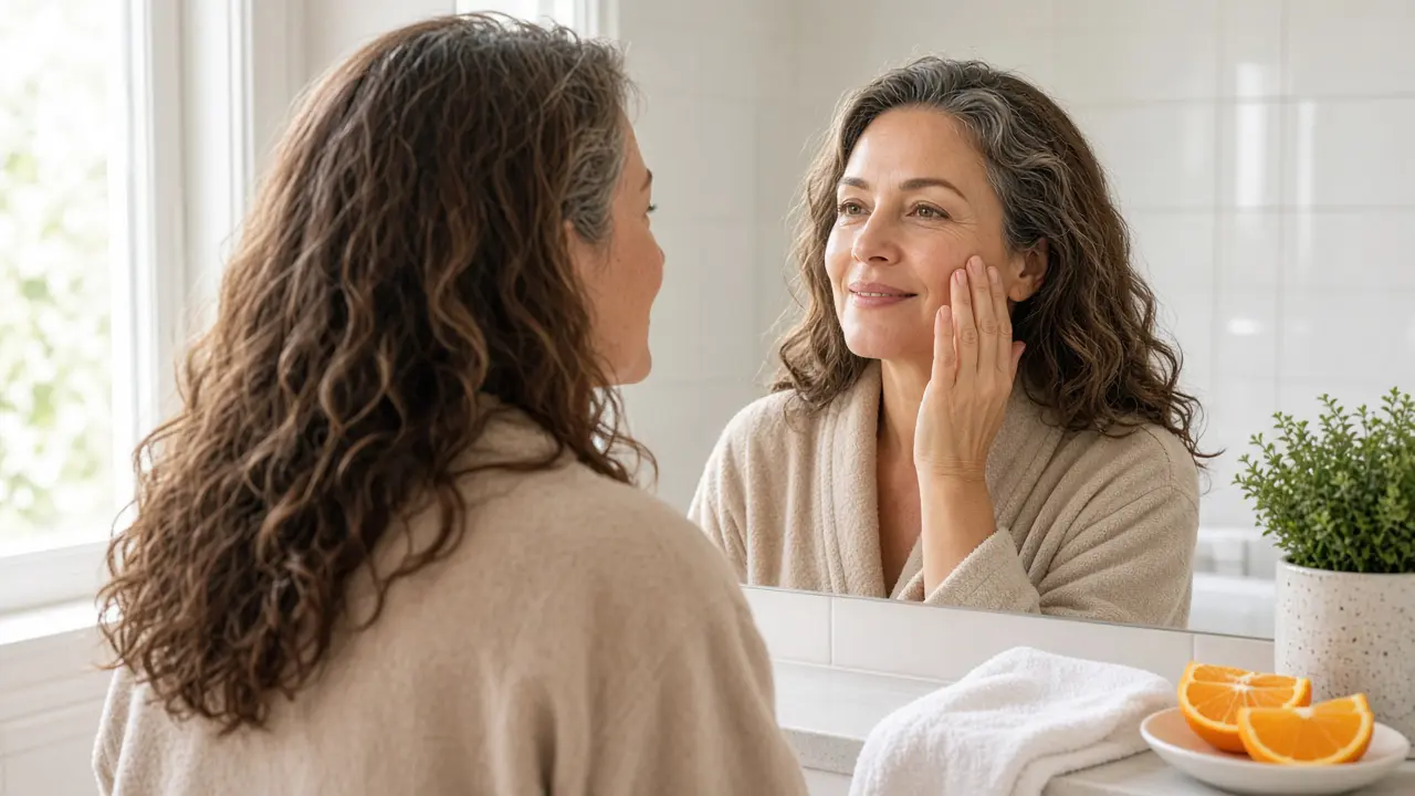 Woman in her 50s in a robe pressing vitamin c serum for textured skin into her cheek at a bright bathroom mirror