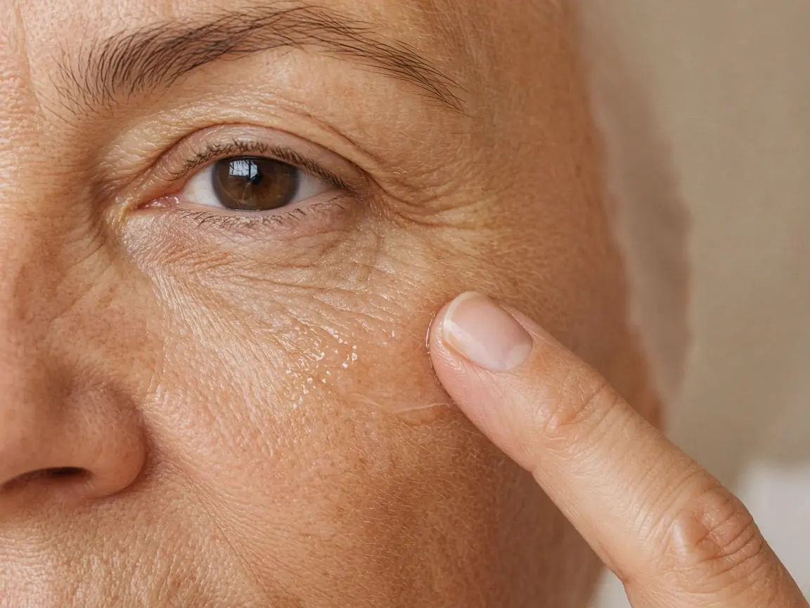 Close-up of a woman in her 50s with natural fine lines around her eyes smoothing on a vitamin C serum for wrinkles