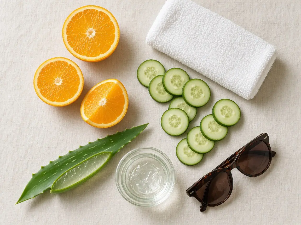 Flat lay of orange halves, cucumber slices, aloe vera, a towel and sunglasses, ingredients behind a vitamin C serum for wrinkles