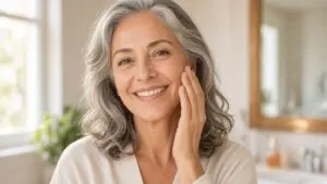 Smiling woman in her late 50s with silver hair touching her cheek in soft morning light, part of a vitamin C serum for wrinkles routine