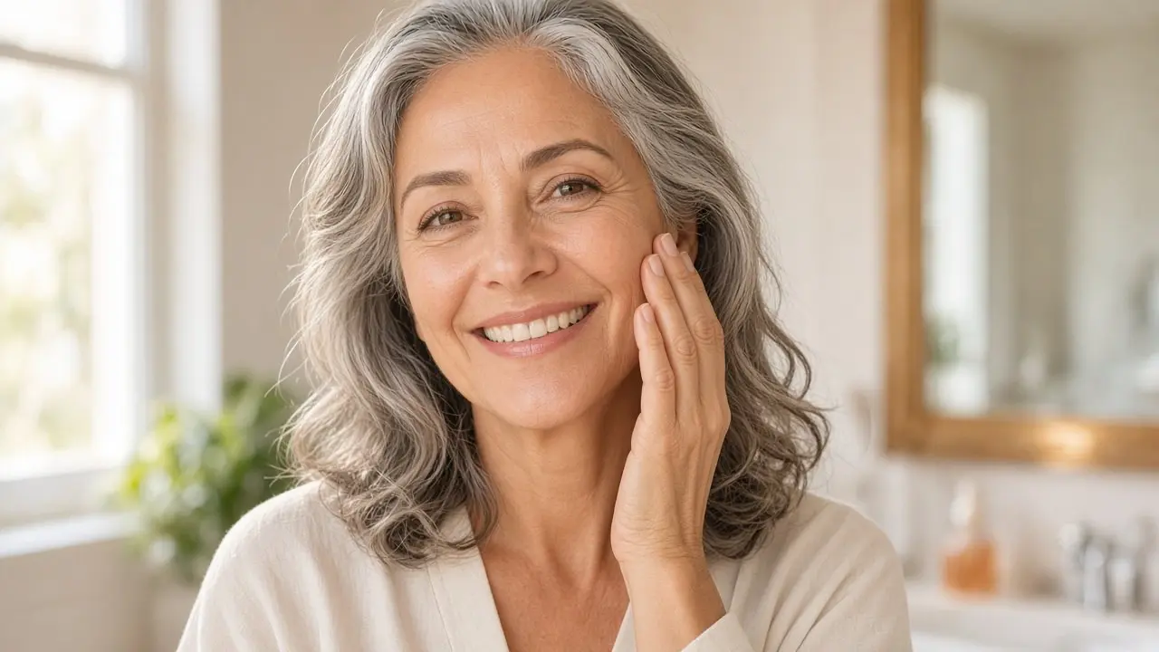 Smiling woman in her late 50s with silver hair touching her cheek in soft morning light, part of a vitamin C serum for wrinkles routine