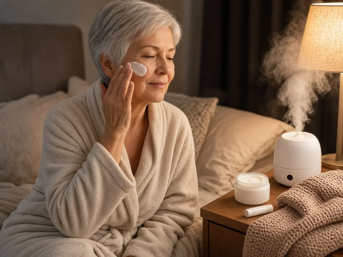 Woman in her 60s smoothing rich cream over her skin after vitamin c serum in winter, with a humidifier misting on the nightstand