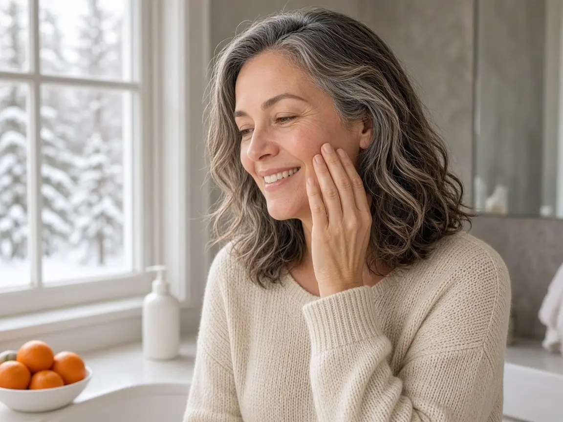 Woman in her 50s in a cream knit sweater patting vitamin c serum in winter onto her cheek by a snowy window