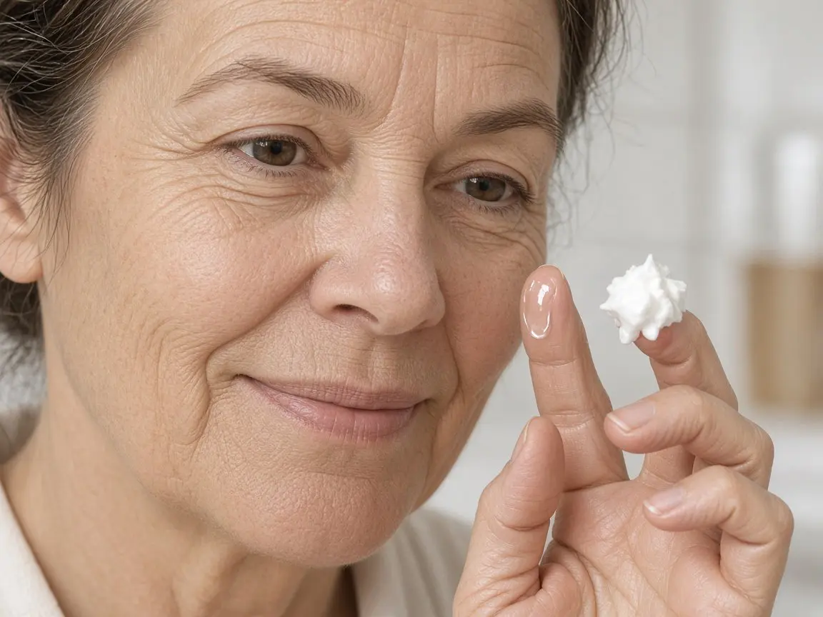 Vitamin C Serum vs Cream: 7 Honest Truths for Glowing Skin Close-up of a woman in her 50s holding up one fingertip with clear serum and another with whipped cream, comparing vitamin c serum vs cream textures
