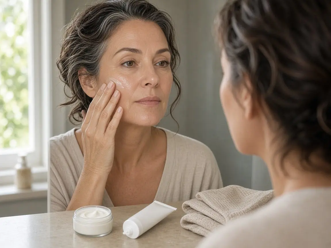 Vitamin C Serum vs Cream: 7 Honest Truths for Glowing Skin Woman over 45 at a bathroom mirror pressing serum into her cheek beside a jar of cream and sunscreen, choosing vitamin c serum vs cream