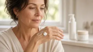 Woman in her late 40s comparing a swipe of clear serum and a dollop of white cream on the back of her hand, weighing vitamin c serum vs cream