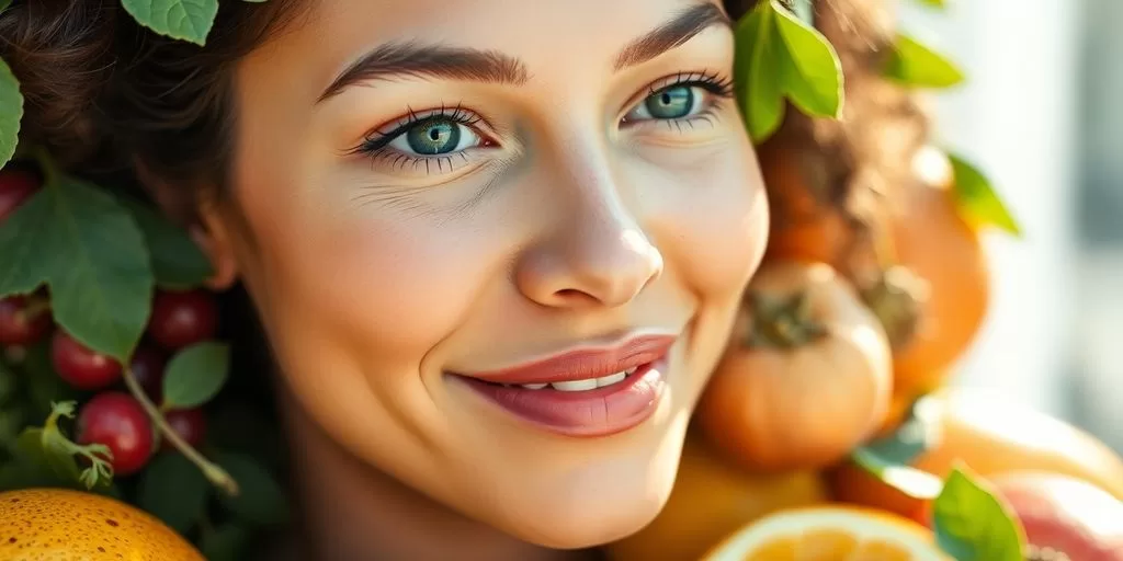 Radiant woman with glowing skin and healthy foods.