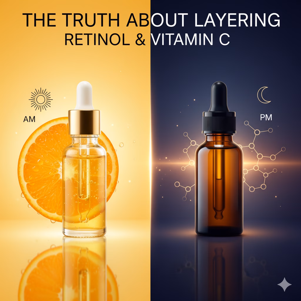 The Truth About Layering: Can You Really Use Retinol and Vitamin C Together? 1 The Perfect Pair: A visually striking split image showcasing the bright, protective power of Vitamin C for your AM routine on one side, and the deep, regenerative power of Retinol for your PM routine on the other. It’s the ultimate guide to harmonizing the two most effective anti-aging ingredients without conflict.