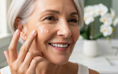 Photorealistic, high-resolution close-up of a smiling woman in her 60s with radiant, healthy skin applying a gentle serum. Soft, natural morning lighting, spa-like bathroom background with white orchids. Focus on skin texture and glow.