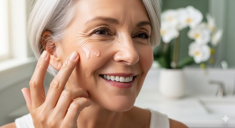 Woman applying skincare in bright setting.
