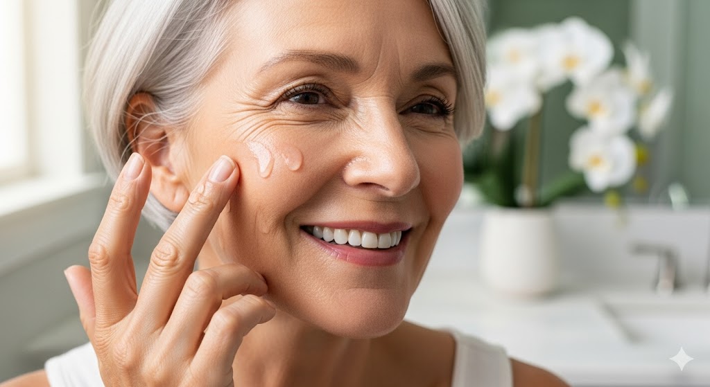 Photorealistic, high-resolution close-up of a smiling woman in her 60s with radiant, healthy skin applying a gentle serum. Soft, natural morning lighting, spa-like bathroom background with white orchids. Focus on skin texture and glow.