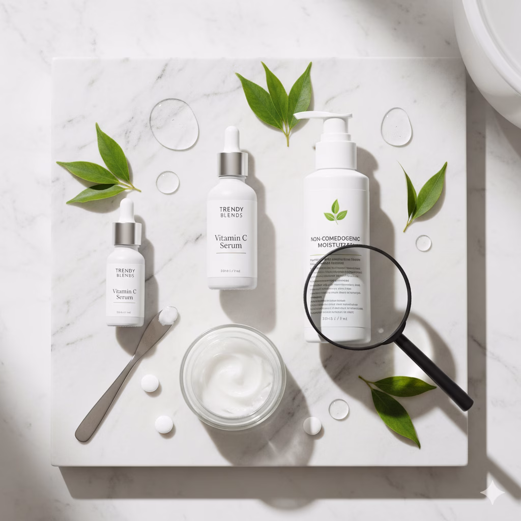 A top-down view of various skincare products on a white marble surface. Key items include two white bottles of "TRENDY BLENDS Vitamin C Serum" with droppers, a larger white pump bottle prominently labeled "NON-COMEDOGENIC MOISTURIZER," and a white jar of face cream with a small spatula beside it. A magnifying glass is placed over the non-comedogenic moisturizer bottle, suggesting scrutiny and informed choice. Several green leaves and clear water droplets or serum beads are scattered around, adding a fresh and natural feel.