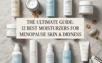 The Ultimate Guide: 12 Best Moisturizers for Menopause Skin. 5 Flat lay of 12 numbered moisturizer and skincare products with the title "The Ultimate Guide: 12 Best Moisturizers for Menopause Skin & Dryness."