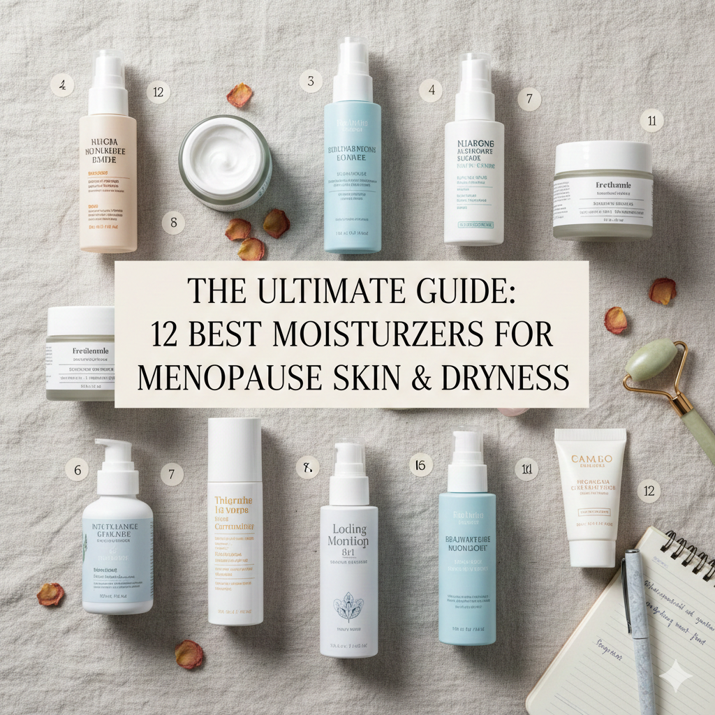 Flat lay of 12 numbered moisturizer and skincare products with the title "The Ultimate Guide: 12 Best Moisturizers for Menopause Skin & Dryness."