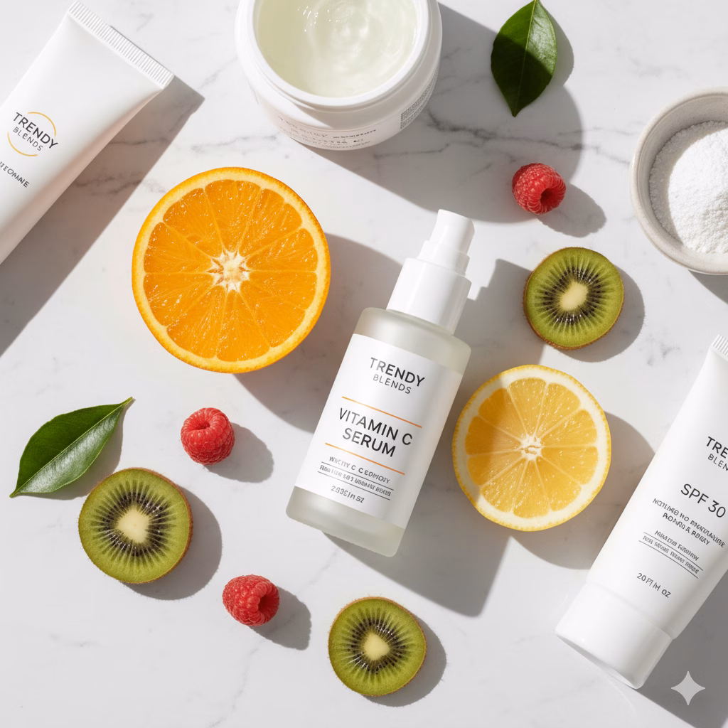 A flat lay of Trendy Blends skincare products, featuring a white bottle of Vitamin C serum as the centerpiece. Surrounding it are fresh fruit slices of orange, lemon, and kiwi, along with raspberries, emphasizing the natural, antioxidant-rich ingredients. Other Trendy Blends products like a moisturizer and SPF are also visible on a clean white marble surface.