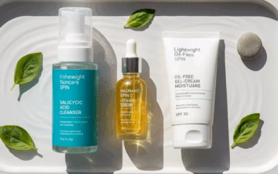 Flat lay of three skincare products for oily skin: a salicylic acid cleanser, a niacinamide and vitamin C serum, and an oil-free gel-cream moisturizer with SPF, all arranged on a white tray with green leaves.