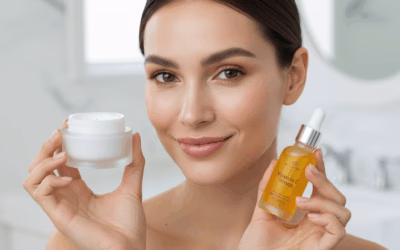 A young woman with glowing, balanced **combination skin** smiling while gently applying an **affordable anti-aging cream** to her cheek, demonstrating the product's lightweight, non-greasy application.