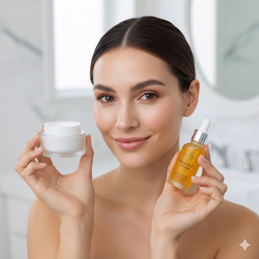 A young woman with glowing, balanced **combination skin** smiling while gently applying an **affordable anti-aging cream** to her cheek, demonstrating the product's lightweight, non-greasy application.