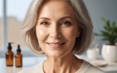 10 Proven Tips to Brighten Dull, Mature Skin Complexion Immediately. 8 A close-up of a smiling middle-aged woman with luminous, dewy skin and elegant silver hair, reflecting a healthy and bright complexion achieved by following tips to brighten dull, mature skin