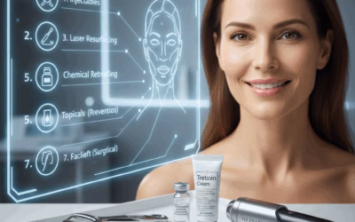 7 Breakthroughs: Best Treatment for Deep-Set Wrinkles on the Face. 9 A smiling woman with radiant skin, representing the results of the best treatment for deep-set wrinkles on the face. In the background, a holographic display lists various anti-aging treatments like injectables, laser resurfacing, and topicals. In the foreground, skincare products and medical tools such as serums, needles, and a dermaroller are neatly arranged, symbolizing the comprehensive approaches discussed in the article.