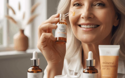Smiling woman over 60 with radiant skin, holding a Vitamin C serum dropper to her cheek, surrounded by skincare products including Retinol, Ceramide cream, and mineral sunscreen.