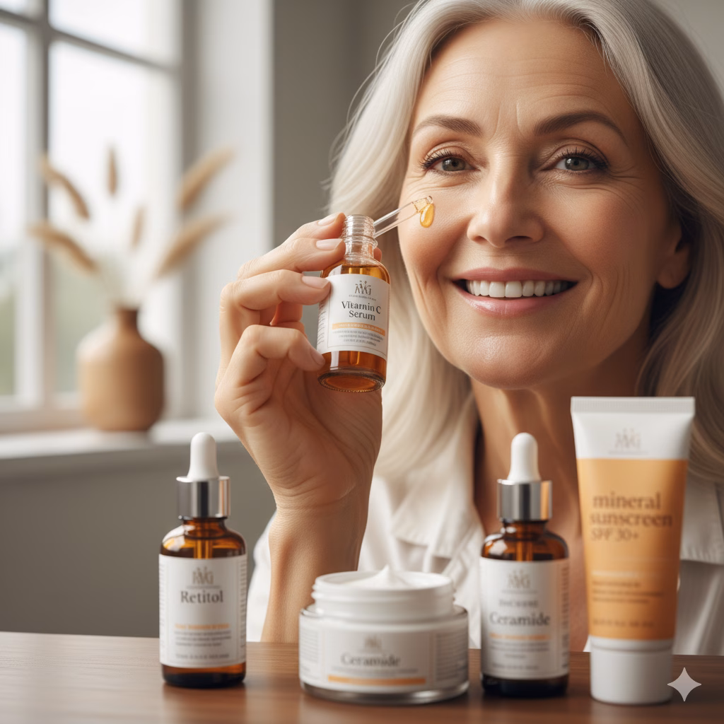 Smiling woman over 60 with radiant skin, holding a Vitamin C serum dropper to her cheek, surrounded by skincare products including Retinol, Ceramide cream, and mineral sunscreen.