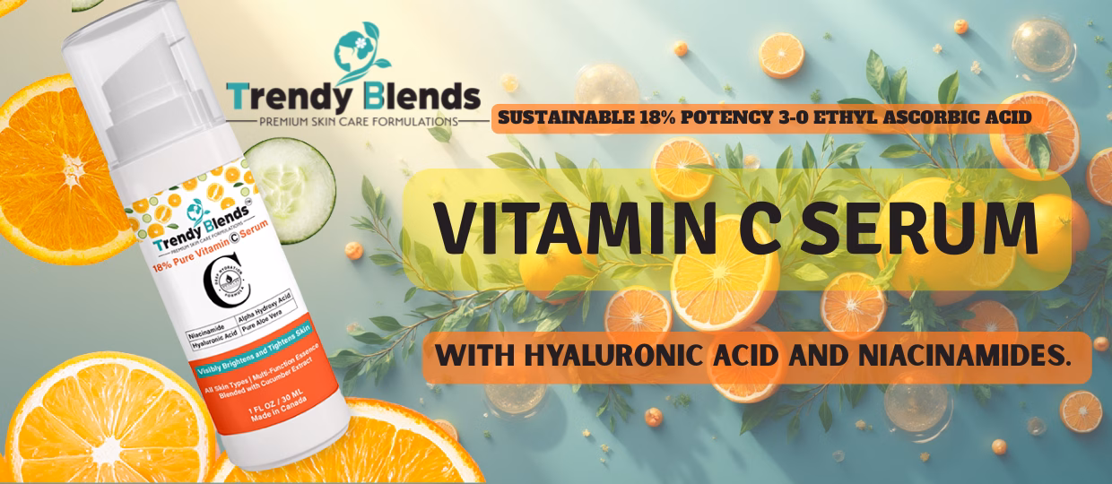Best Vitamin C Serum itamin C serum bottle with orange slices and green leaves in the background; text highlights 18% potency, hyaluronic acid, and niacinamides for a powerful vitamin c serum boost.