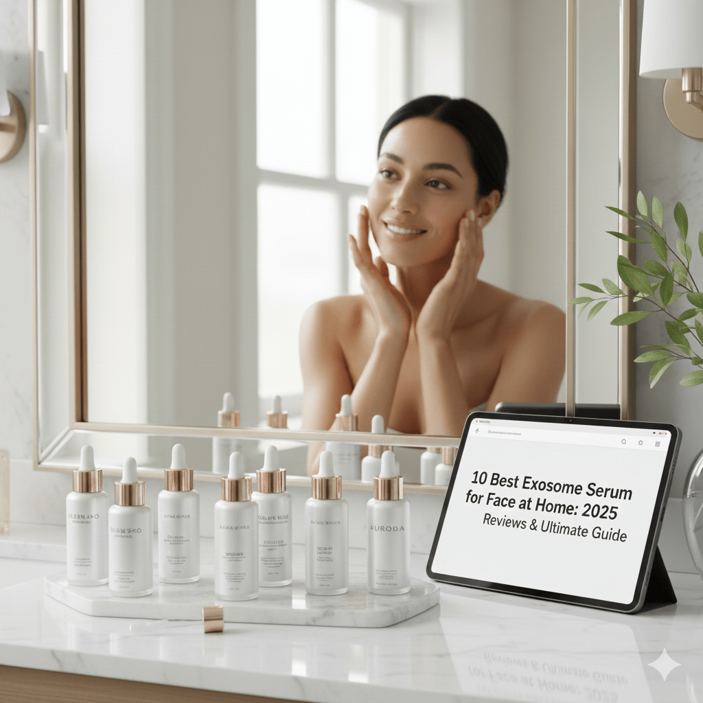 Exosome Serum for Face
A promotional graphic for 2025 exosome skincare reviews featuring a woman with clear, radiant skin alongside text for the 10 best at-home exosome serums for the face."