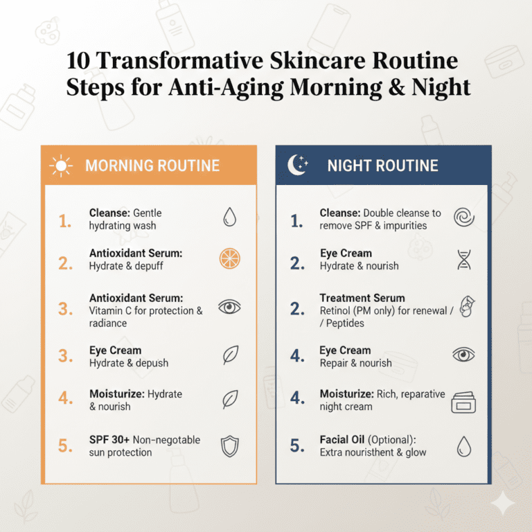 10 Transformative Skincare Routine Steps for Anti-Aging Morning and Night.