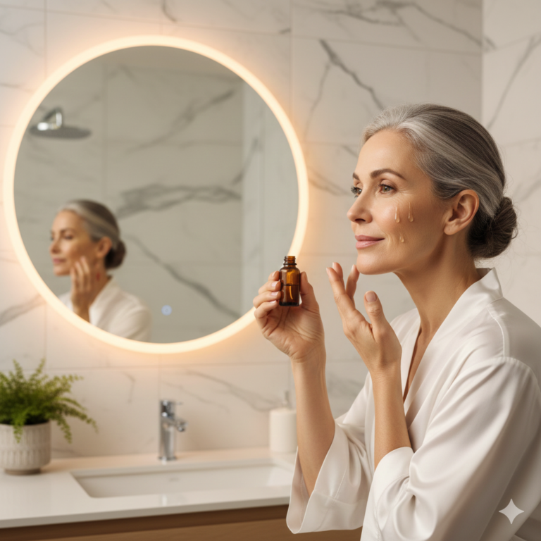 A radiant woman applying serum as part of a dermatologist recommended skincare routine for mature skin.
