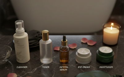 Skincare products arranged on countertop.