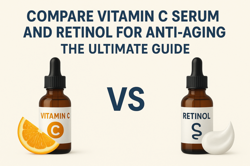 Compare Vitamin C Serum and Retinol for Anti-Aging: The Ultimate Guide. Graphic comparing Vitamin C serum and Retinol for anti-aging, featuring two amber dropper bottles labeled Vitamin C and Retinol with an orange slice beside the Vitamin C bottle and a cream smear beside the Retinol bottle, separated by a large ‘VS’ and the title ‘Compare Vitamin C Serum and Retinol for Anti-Aging: The Ultimate Guide’ above.”