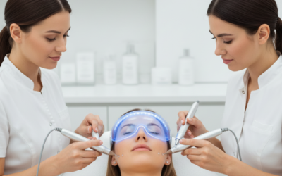 Two professionals performing a facial treatment.