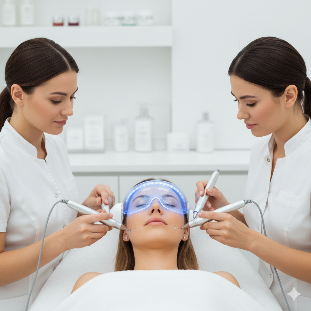 Two professionals performing a facial treatment.