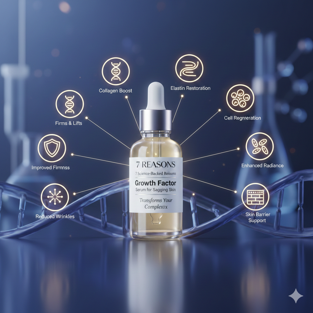 A detailed, futuristic, and scientific-themed image centered on a bottle of "Growth Factor Serum for Sagging Skin." The bottle is surrounded by a glowing, abstract DNA helix structure and scientific laboratory glassware in the background (out of focus).