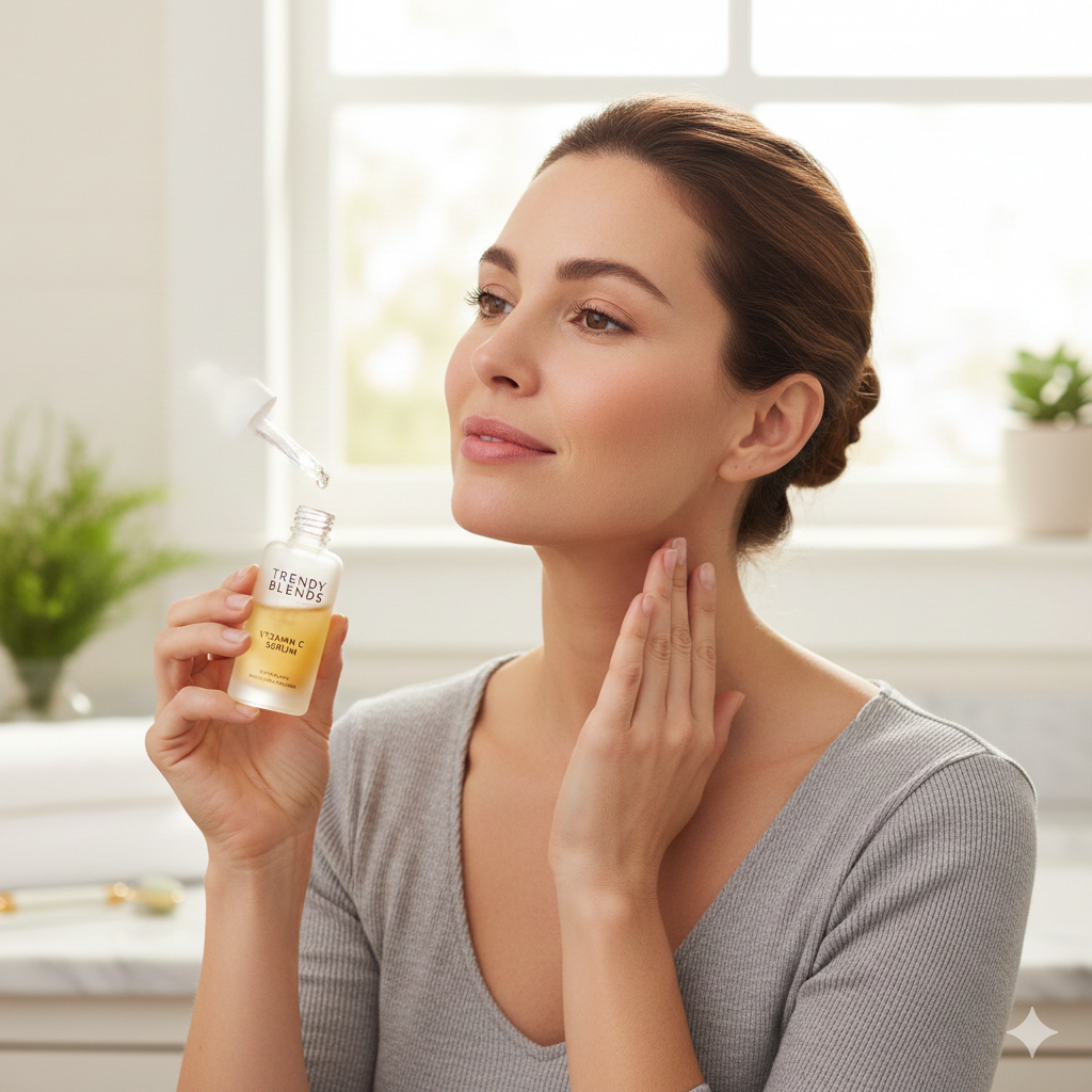 7 Proven Ways to Find What Is the Best Face Serum for Sagging Neck Skin in 2025. 2 A woman applying Trendy Blends Vitamin C Serum to her neck using gentle, upward strokes. She is demonstrating the correct technique for massaging what is the best face serum for sagging neck skin to promote lifting and firmness.