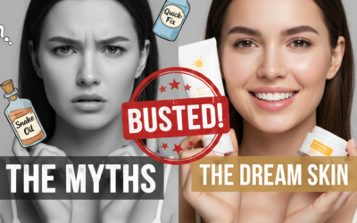 A split image illustrating the transition from skincare confusion to clarity as we bust these 10 anti-aging myths to get the skin of your dreams.