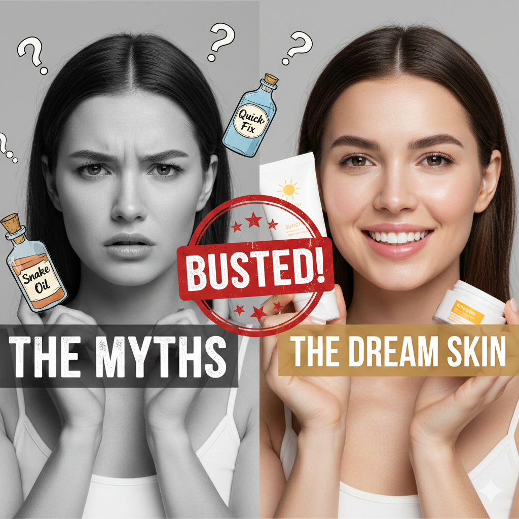 A split image illustrating the transition from skincare confusion to clarity as we bust these 10 anti-aging myths to get the skin of your dreams.