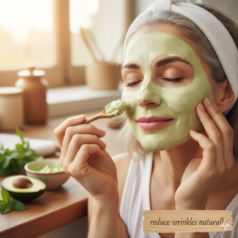 A radiant woman applying a natural avocado face mask, demonstrating how to reduce wrinkles at home naturally."