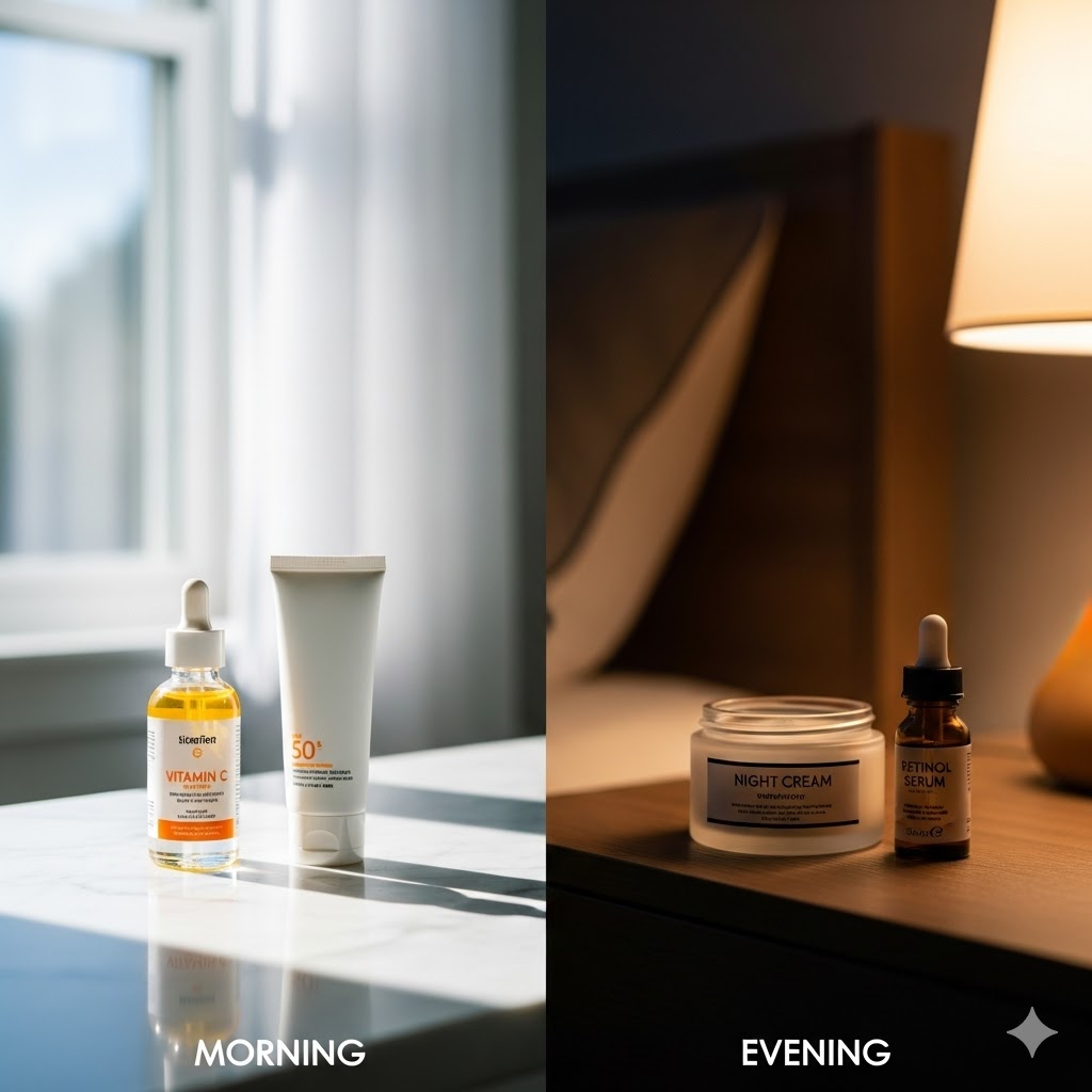 Skincare routine steps for anti-aging morning and night
side-by-side comparison of skincare products for morning and evening routines. On the left, labeled "Morning," there is a Vitamin C serum and sunscreen on a sunlit surface near a window. On the right, labeled "Evening," there is a jar of night cream and a bottle of petinol serum on a darker bedside table illuminated by a warm lamp.

