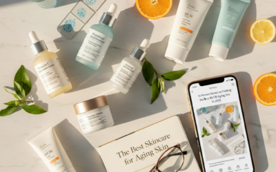 A bright, overhead flat lay of a comprehensive anti-aging skincare routine on a white marble surface. The products include several white and light blue bottles of Vitamin C serum, peptide moisturizer, and SPF 50 sunscreen. Slices of orange and lemon, along with green leaves, are scattered around the products. A pair of reading glasses rests on an open notebook titled "The Best Skincare for Aging Skin." A smartphone displays the article title, "10 Proven Secrets to Finding the Best Skincare for Aging Skin in 2025."