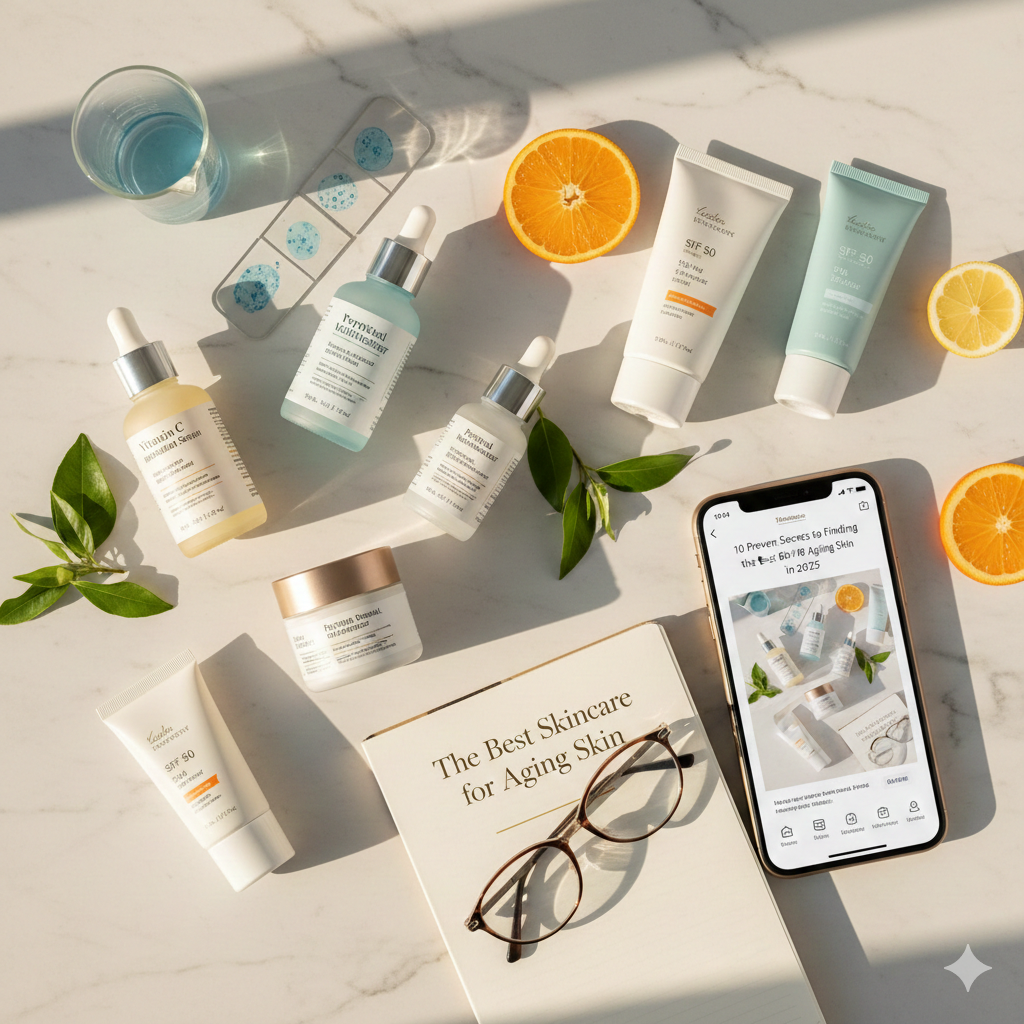 A bright, overhead flat lay of a comprehensive anti-aging skincare routine on a white marble surface. The products include several white and light blue bottles of Vitamin C serum, peptide moisturizer, and SPF 50 sunscreen. Slices of orange and lemon, along with green leaves, are scattered around the products. A pair of reading glasses rests on an open notebook titled "The Best Skincare for Aging Skin." A smartphone displays the article title, "10 Proven Secrets to Finding the Best Skincare for Aging Skin in 2025."