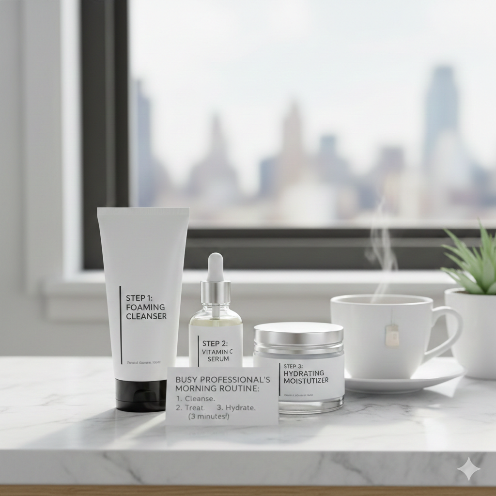 simple 3 step morning skincare routine for busy professionals,
Skincare products on a marble countertop.