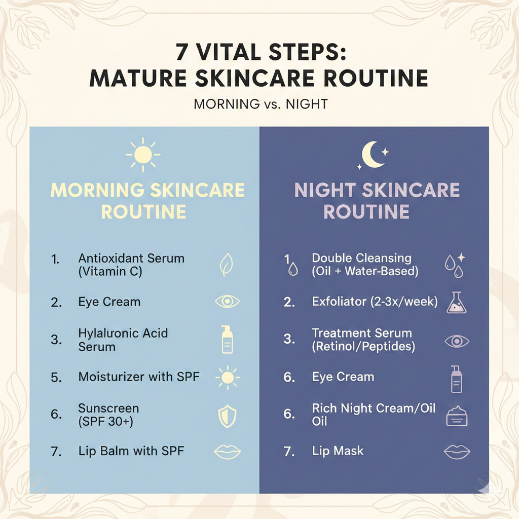 7 Vital Steps: Morning vs Night Skincare Routine for Mature Skin. 7 Vital Steps: Morning vs Night Skincare Routine for Mature Skin. details and resources