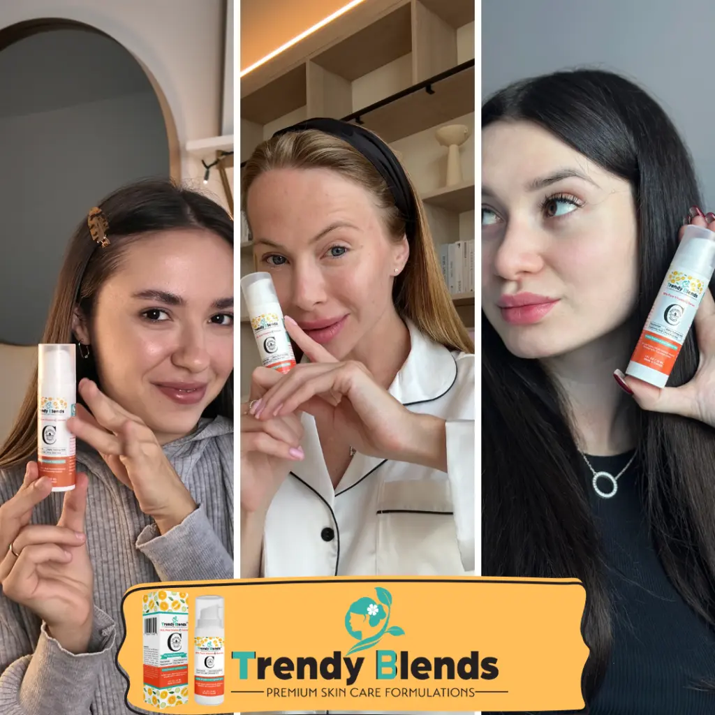 Trendy Blends 18% Vitamin C Serum for face with Hyaluronic Acid and Niacinamide to brighten skin and reduce dark spots.